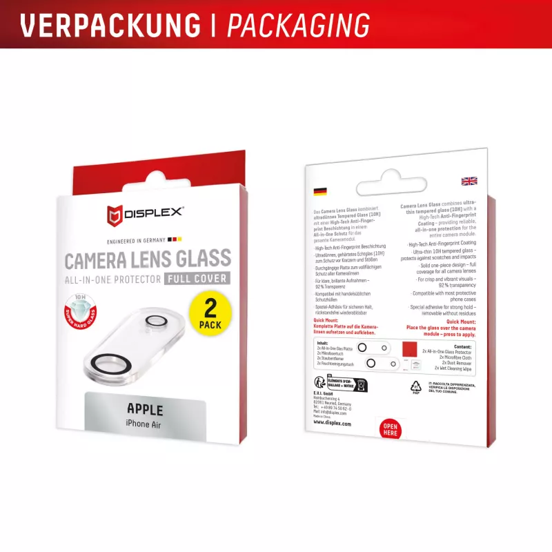 Displex Full Cover Camera Lens Glass iPhone Air, 10H, Viso Kameros Modulio Apsauginis Stiklas, Greitas Montavimas, 2 Vnt.