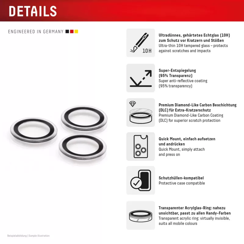 Displex Premium Camera Lens Glass, iPhone 17 Pro/17 Pro Max, 10H, atskiri žiedai, DLC, permatomas, Quick Mount