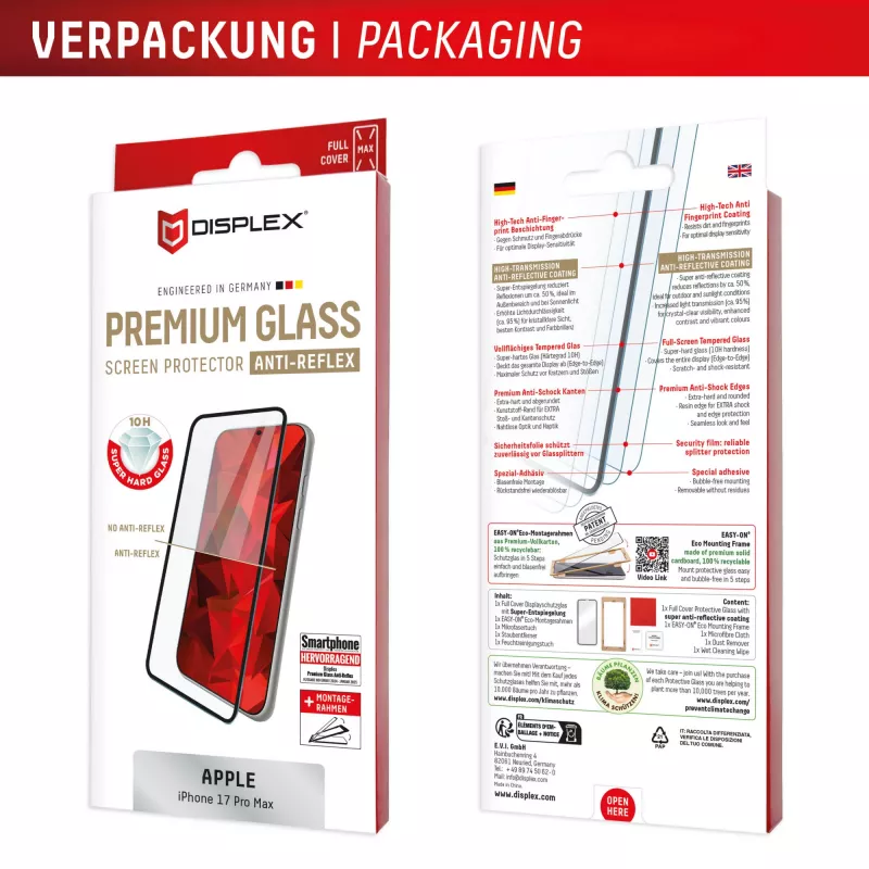 Displex Premium Screen Protector (Full Cover, 10H) Apple iPhone 17 Pro Max, Eco montavimo rėmelis, pilnas padengimas
