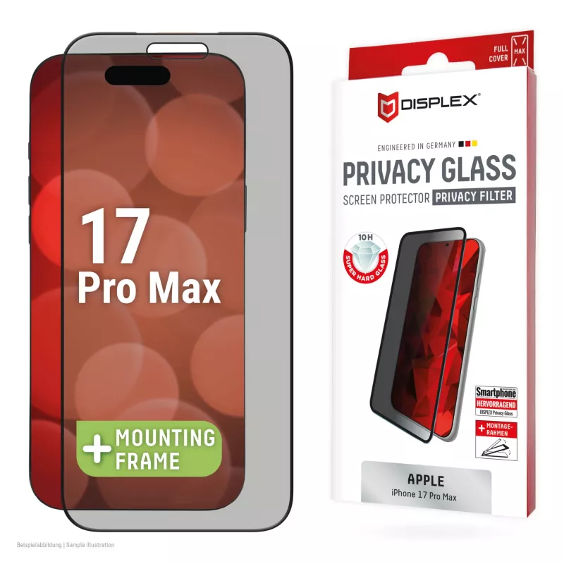 Displex privatumo ekrano apsauginis stiklas (10H) Apple iPhone 17 Pro Max, Eco montavimo rėmelis, privatumo filtras