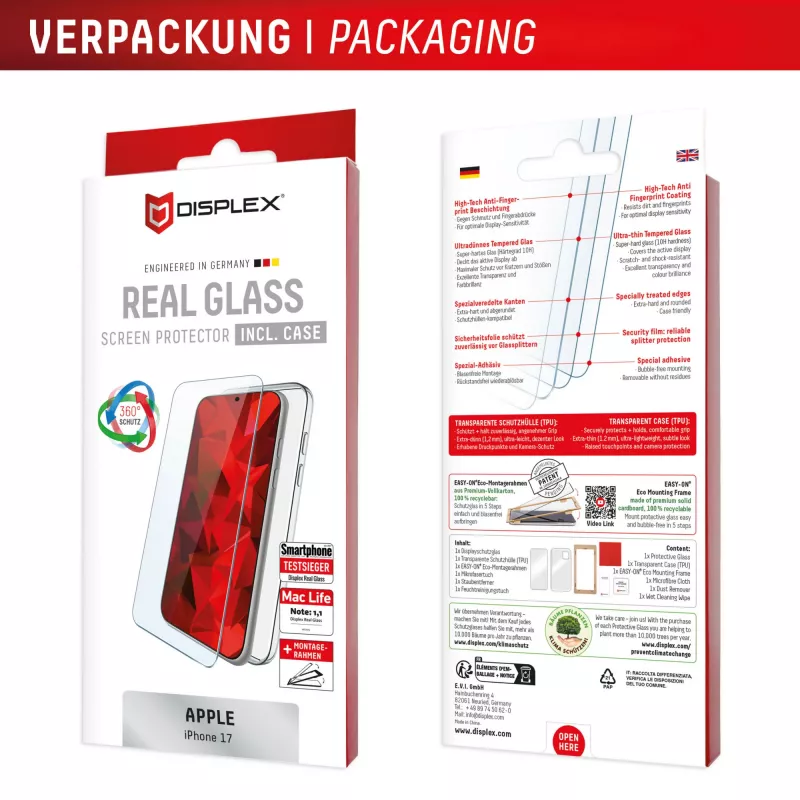 Displex Screen Protector + Dėklas Apple iPhone 17, Eco Montavimo Rėmelis, atsparus įbrėžimams