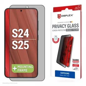 Displex privatumo ekrano apsauginis stiklas (10H) Samsung Galaxy S24/S25 su Eco tvirtinimo rėmeliu, privatumo filtras
