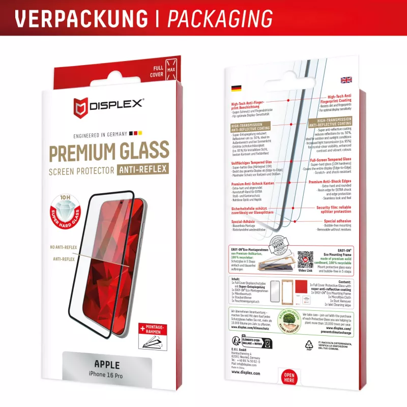 Displex Premium Anti-Reflex ekrano apsauginis stiklas (anti-refleksinis, pilnas uždengimas, 10H) Apple iPhone 16 Pro, Eco montavimo rėmelis, pilnas uždengimas