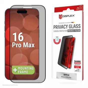 Displex privatumo apsauginis stiklas (10H) Apple iPhone 16 Pro Max su Eco montavimo rėmeliu
