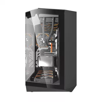 Korpusas DarkFlash DY470 Full Tower – Juodas, SPCC, palaiko ITX/ATX, HDD 3,5 col./2,5 col., 1x galinis 120 mm, šoniniai 120 mm ventiliatoriai