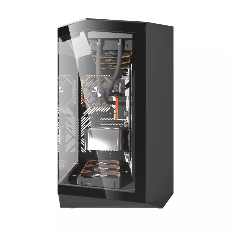 Korpusas DarkFlash DY470 Full Tower – Juodas, SPCC, palaiko ITX/ATX, HDD 3,5 col./2,5 col., 1x galinis 120 mm, šoniniai 120 mm ventiliatoriai
