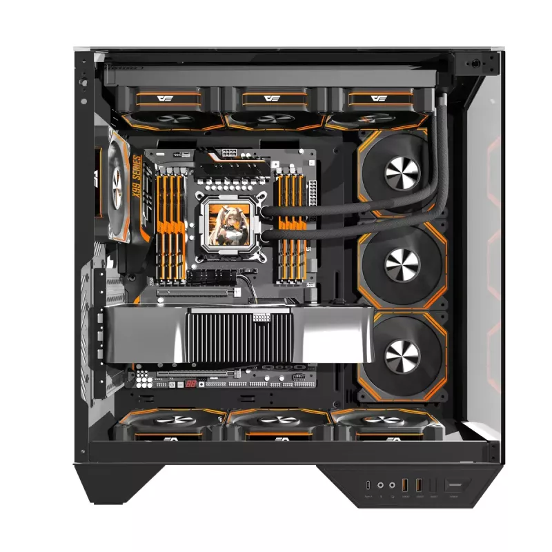 Korpusas DarkFlash DY470 Full Tower – Juodas, SPCC, palaiko ITX/ATX, HDD 3,5 col./2,5 col., 1x galinis 120 mm, šoniniai 120 mm ventiliatoriai