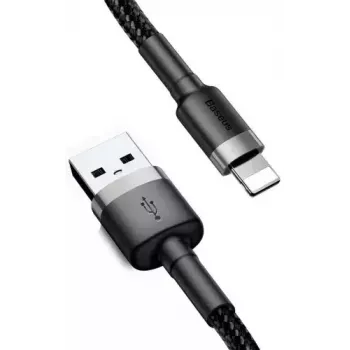 USB A – Lightning laidas Baseus Cafule (CALKLF-CG1) — nailoninis pintas, QC3.0 1,5 A, 2 m, pilkas/juodas