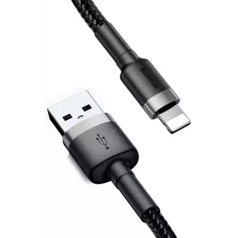 USB A – Lightning laidas Baseus Cafule (CALKLF-CG1) — nailoninis pintas, QC3.0 1,5 A, 2 m, pilkas/juodas