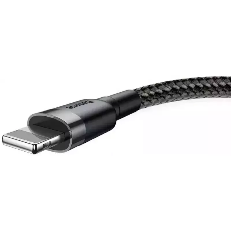 USB A – Lightning laidas Baseus Cafule (CALKLF-CG1) — nailoninis pintas, QC3.0 1,5 A, 2 m, pilkas/juodas