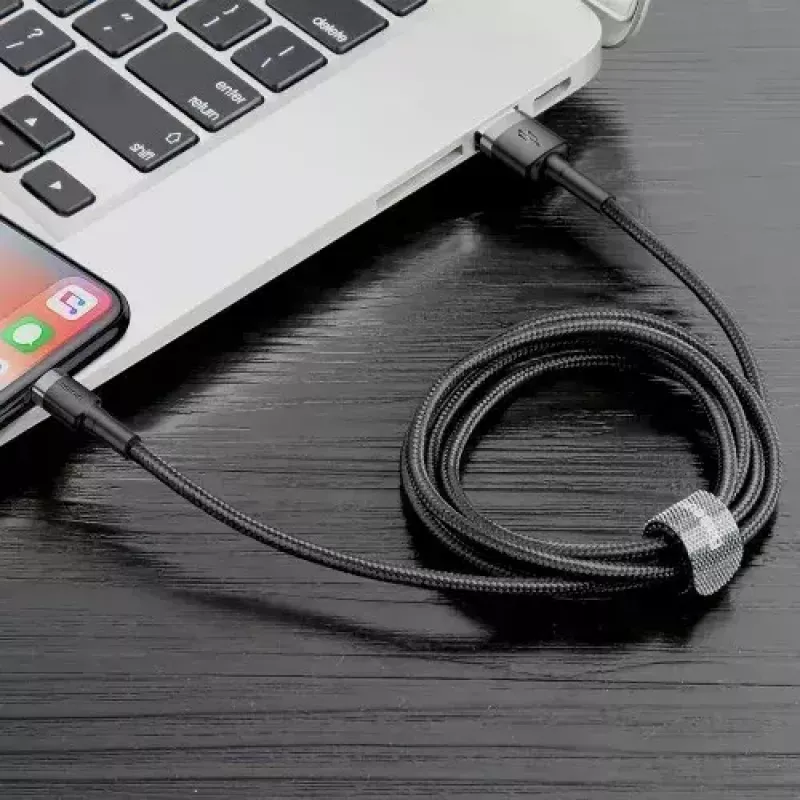 USB A – Lightning laidas Baseus Cafule (CALKLF-CG1) — nailoninis pintas, QC3.0 1,5 A, 2 m, pilkas/juodas