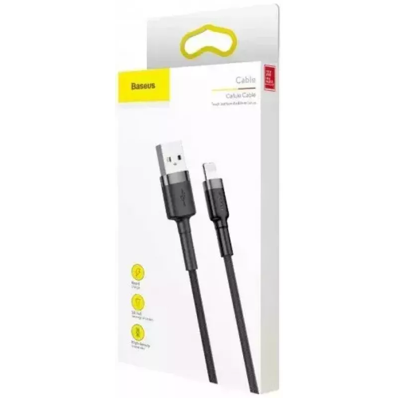 USB A – Lightning laidas Baseus Cafule (CALKLF-CG1) — nailoninis pintas, QC3.0 1,5 A, 2 m, pilkas/juodas