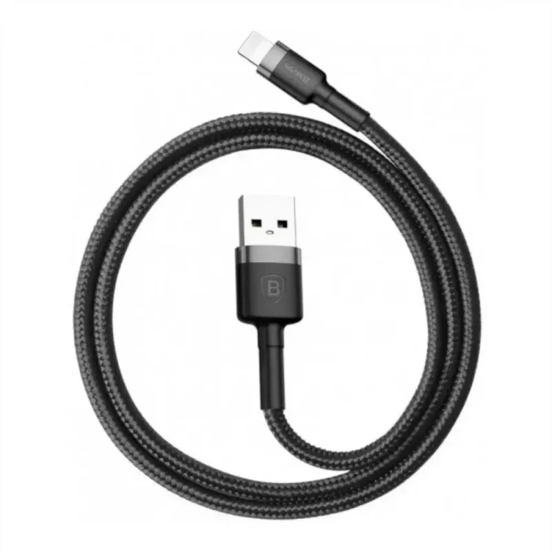 USB A – Lightning laidas Baseus Cafule (CALKLF-CG1) — nailoninis pintas, QC3.0 1,5 A, 2 m, pilkas/juodas