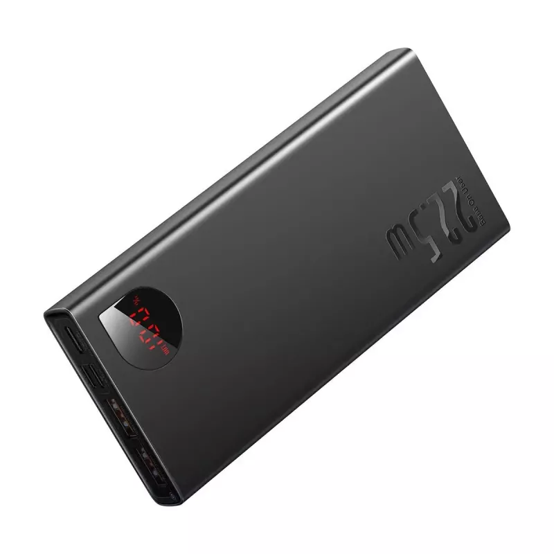 Baseus Adaman Metal nešiojamas akumuliatorius, Li-ion 10000 mAh, 2xUSB, USB-C, Lightning, MicroUSB, 22.5 W, juodas