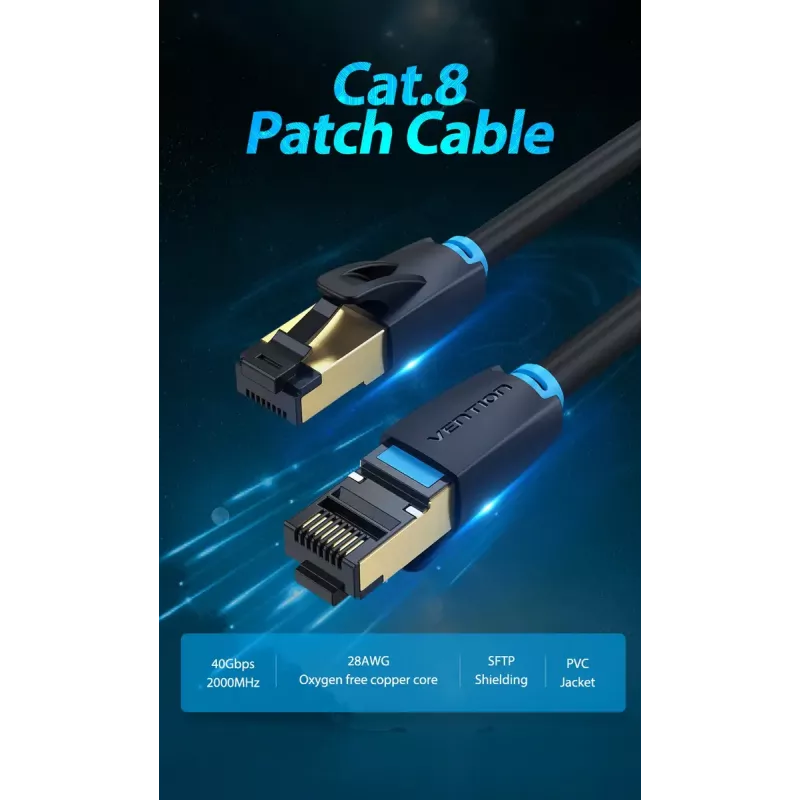 Eterninis pataisos kabelis Vention Cat.8 S/FTP 1 m Juodas RJ-45 Auksuotas