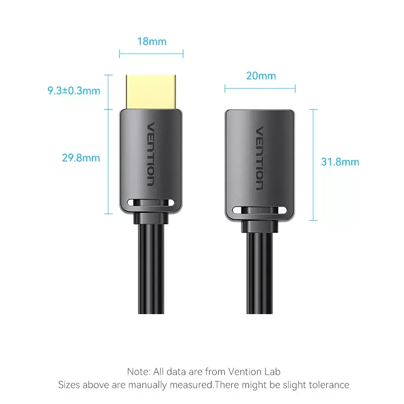 HDMI ilginimo laidas Vention AHCBI 3 m, HDMI A tipo kištukas į lizdą, 18 Gbit/s, HDMI 2.0, 4K@60Hz, HDR, paauksuoti kontaktai