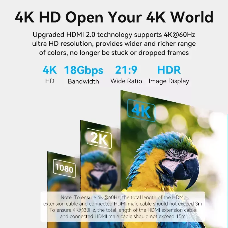 HDMI ilginimo laidas Vention AHCBI 3 m, HDMI A tipo kištukas į lizdą, 18 Gbit/s, HDMI 2.0, 4K@60Hz, HDR, paauksuoti kontaktai
