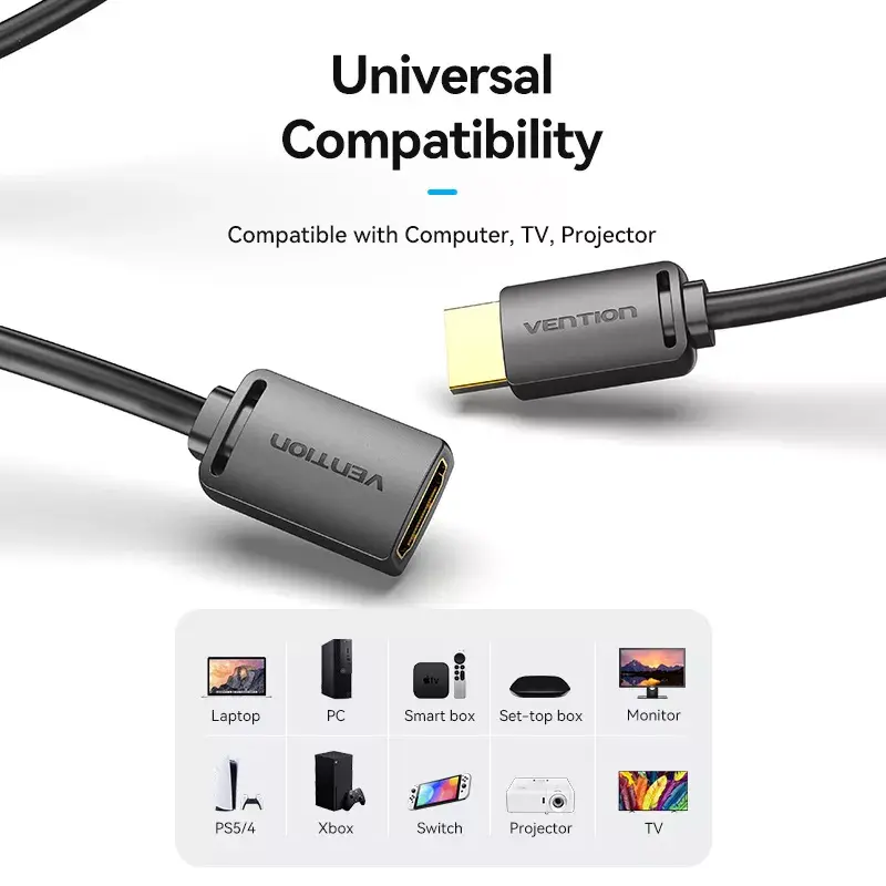 HDMI kabelis Vention AHCBJ 5m, HDMI Type A (vyriška–moteriška), 4K@60Hz, HDMI 2.0, 18 Gbit/s, juodas