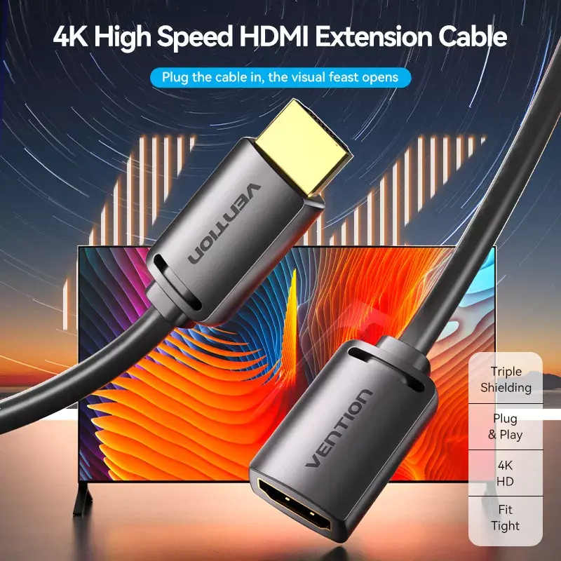 HDMI kabelis Vention AHCBJ 5m, HDMI Type A (vyriška–moteriška), 4K@60Hz, HDMI 2.0, 18 Gbit/s, juodas