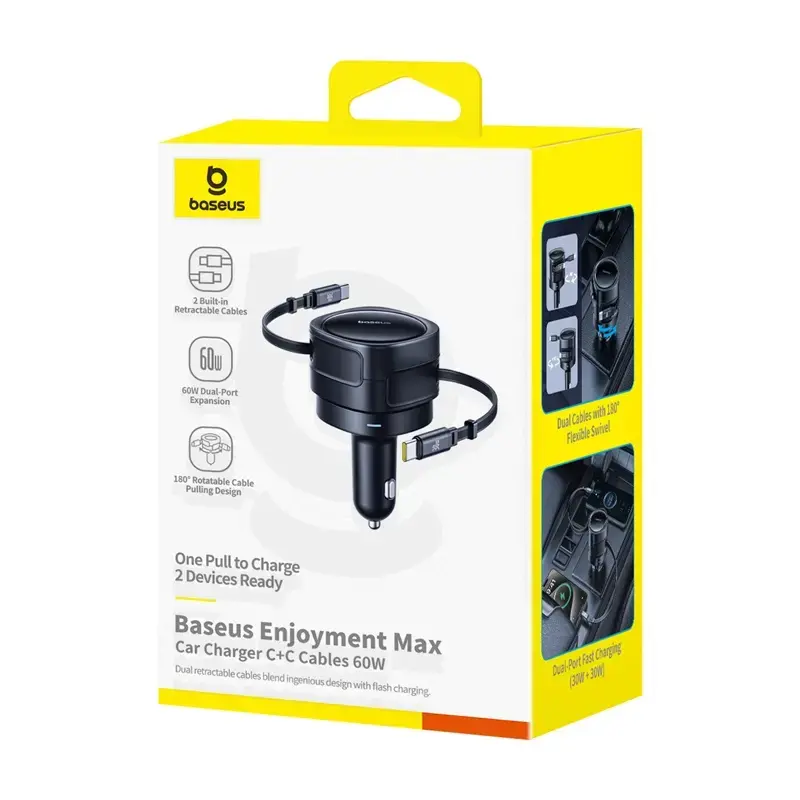 Automobilinis įkroviklis Baseus Enjoyment Max 60W su integruotais USB-C laidais, 60W išėjimas