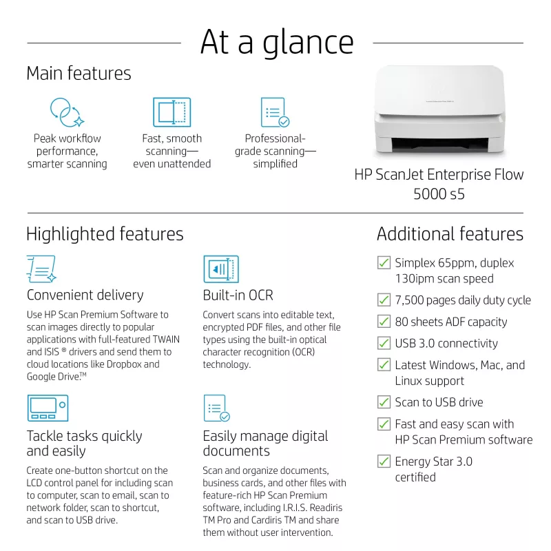 HP Scanjet Enterprise Flow 5000 s5 lakštinis skaitytuvas 600 x 600 DPI A4 baltas