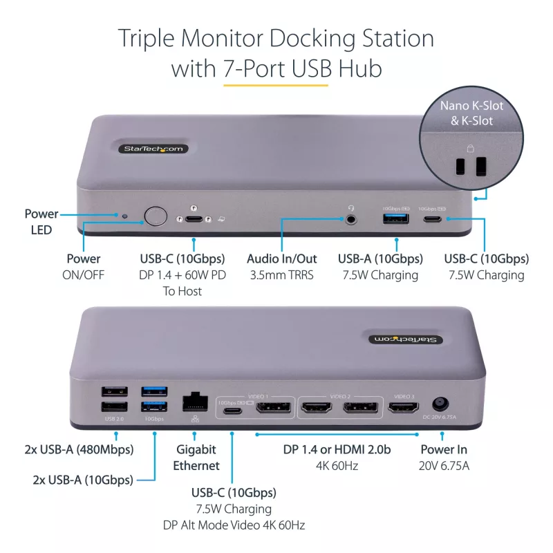 StarTech.com DK31C3MNCRUE USB-C dokavimo stotelė / prievadų replikatorius, laidinis, USB 3.2 Gen 2 (3.1 Gen 2) Type-C