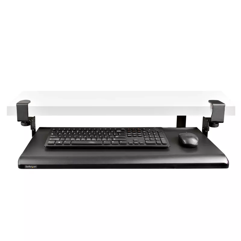 StarTech.com po stalu montuojama klaviatūros lentyna, užspaudžiama ergonomiška klaviatūros laikiklis, iki 12 kg, slankiojanti klaviatūros ir pelės dėžė su C-spaustuvais, reguliuojamo aukščio (3,9/4,7/5,5 col.)