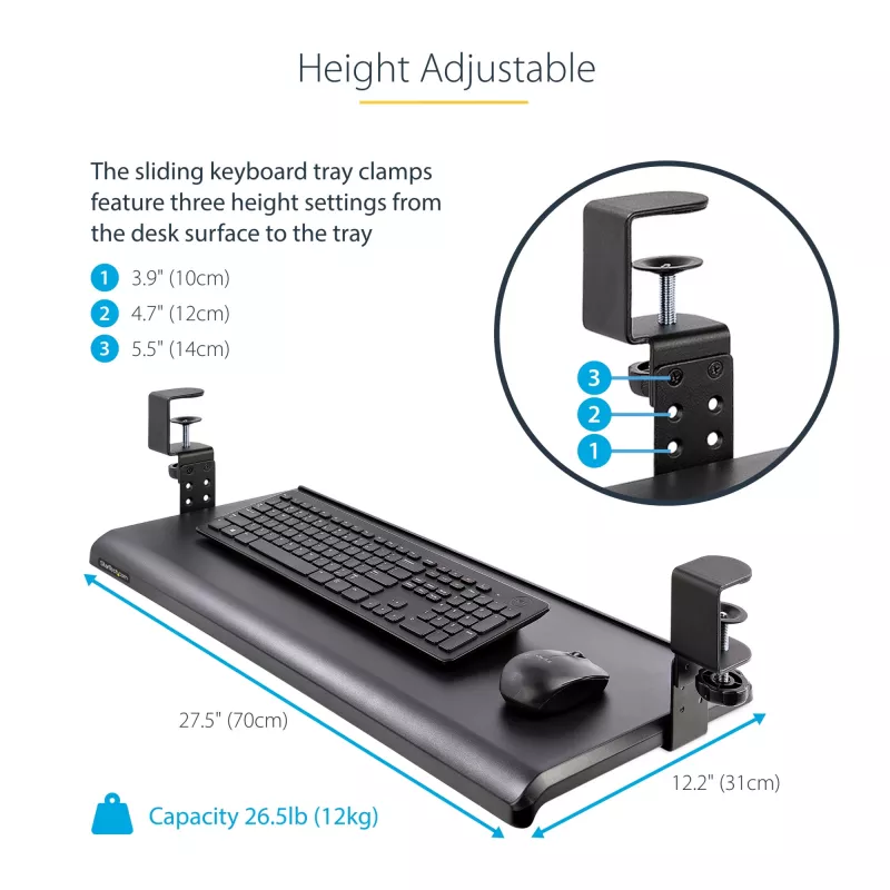 StarTech.com po stalu montuojama klaviatūros lentyna, užspaudžiama ergonomiška klaviatūros laikiklis, iki 12 kg, slankiojanti klaviatūros ir pelės dėžė su C-spaustuvais, reguliuojamo aukščio (3,9/4,7/5,5 col.)