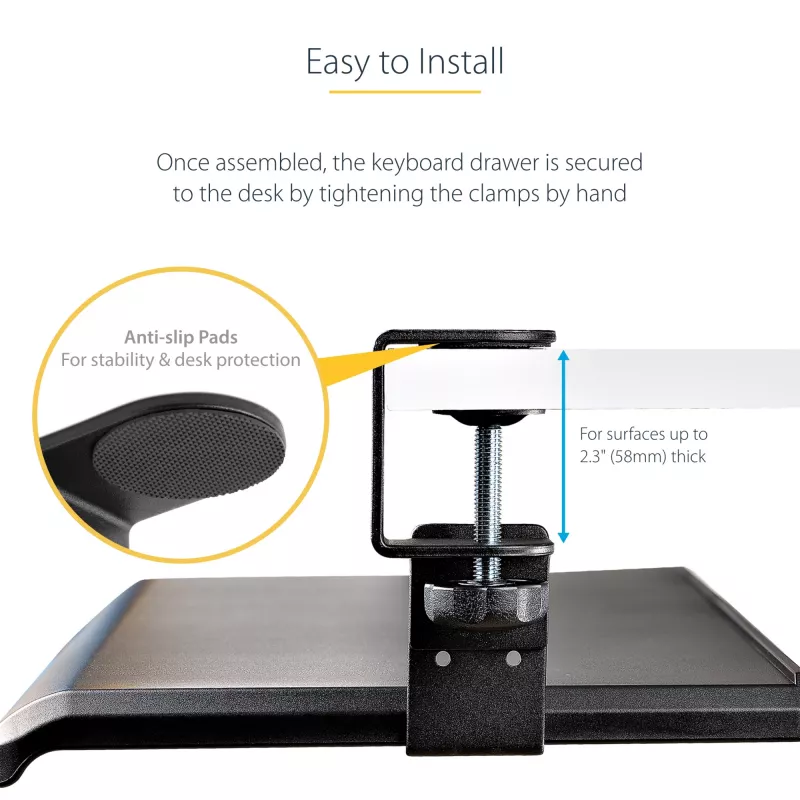 StarTech.com po stalu montuojama klaviatūros lentyna, užspaudžiama ergonomiška klaviatūros laikiklis, iki 12 kg, slankiojanti klaviatūros ir pelės dėžė su C-spaustuvais, reguliuojamo aukščio (3,9/4,7/5,5 col.)