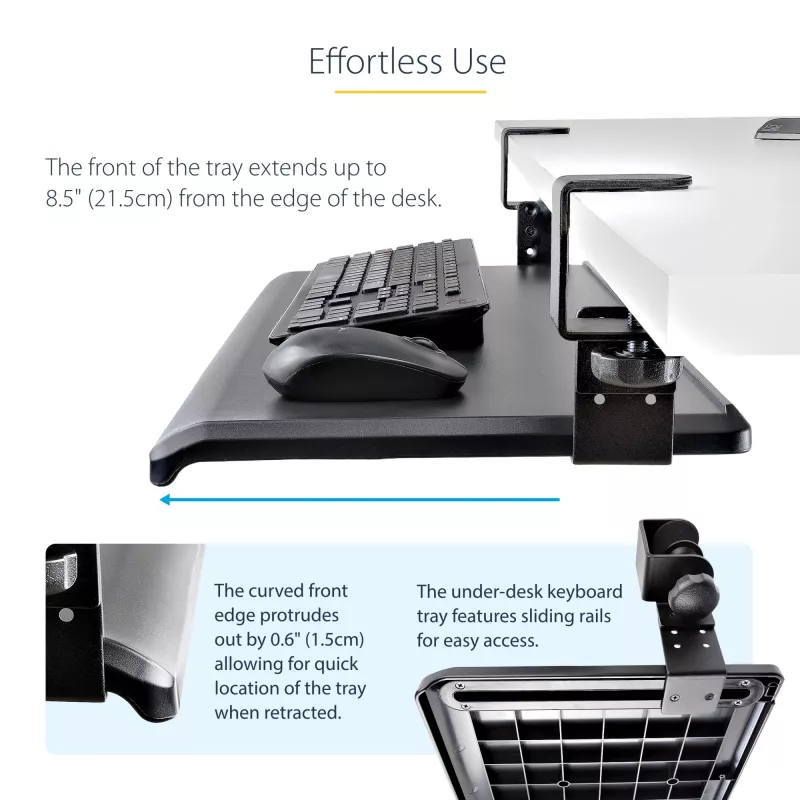 StarTech.com po stalu montuojama klaviatūros lentyna, užspaudžiama ergonomiška klaviatūros laikiklis, iki 12 kg, slankiojanti klaviatūros ir pelės dėžė su C-spaustuvais, reguliuojamo aukščio (3,9/4,7/5,5 col.)