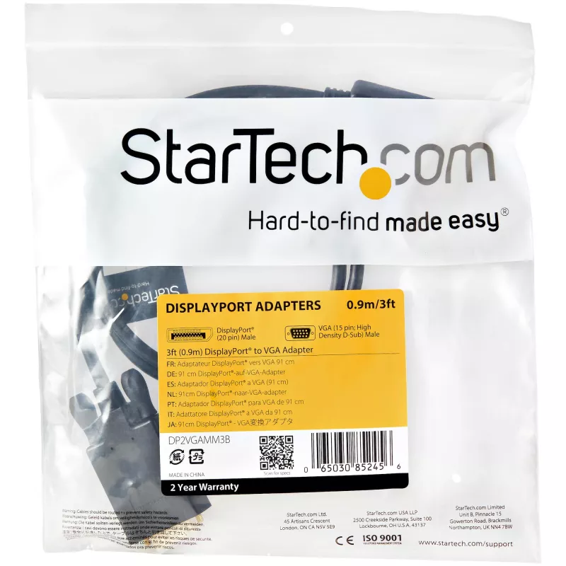 Juodas aktyvus StarTech.com DP2VGAMM3B DisplayPort–VGA kabelis, 3 pėdos (1 m), 1920x1200, fiksuojamas DP kištukas