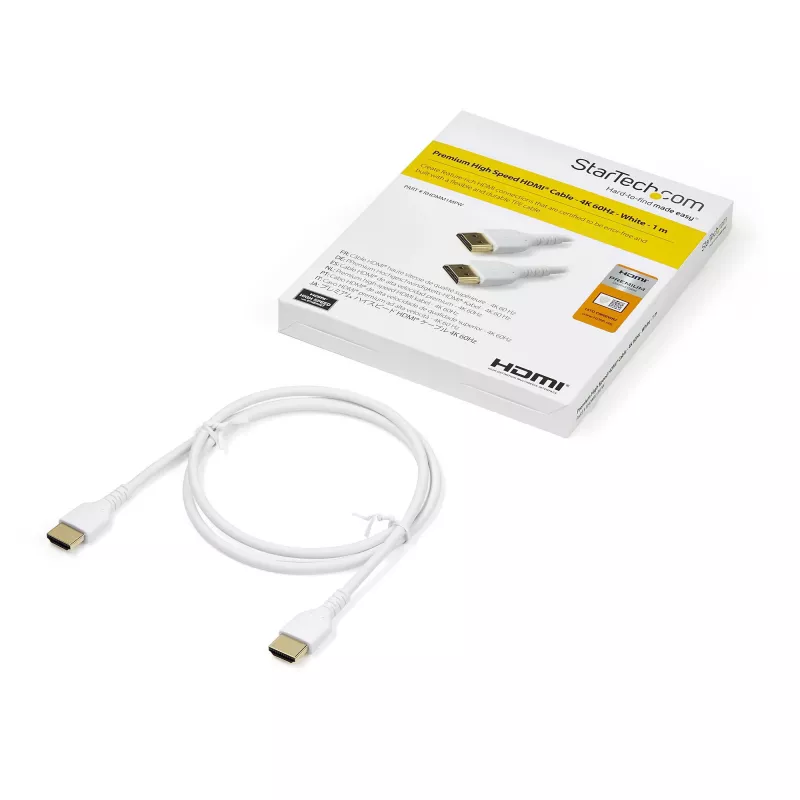 StarTech.com 1 m HDMI 2.0 lydinis plonas laidas, lankstus, sertifikuotas, su Ethernet, UHD 4K 60Hz HDR10, aramido pluoštas, TPE apvalkalas, baltas
