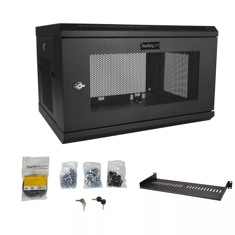 StarTech.com 2-Post 6U sieninis tinklo spintas su 1U lentyna, 19 colių sieninis serverių stovas duomenų / tinklo / AV / elektronikos / kompiuterinės įrangos išdėstymui, mažas ventiliuojamas stovo korpusas