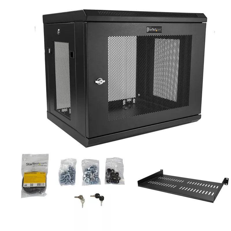 StarTech.com 2-Post 9U sieninis tinklo spintos korpusas su 1U lentyna, 19 colių sieninis serverio stovas duomenų / tinklo / AV / elektronikos / kompiuterinės įrangos montavimui, mažas vėdinamas korpusas
