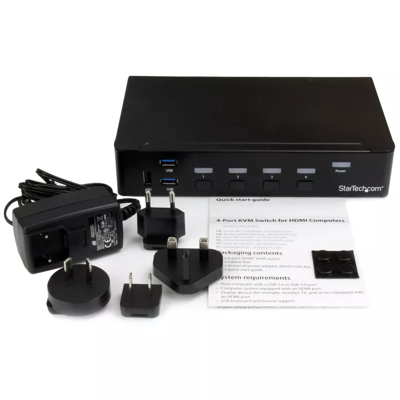 StarTech.com 4 prievadų HDMI KVM jungiklis su USB 3.0 – 1080p, 1920 x 1080 pikselių, montavimas į stelažą, juoda