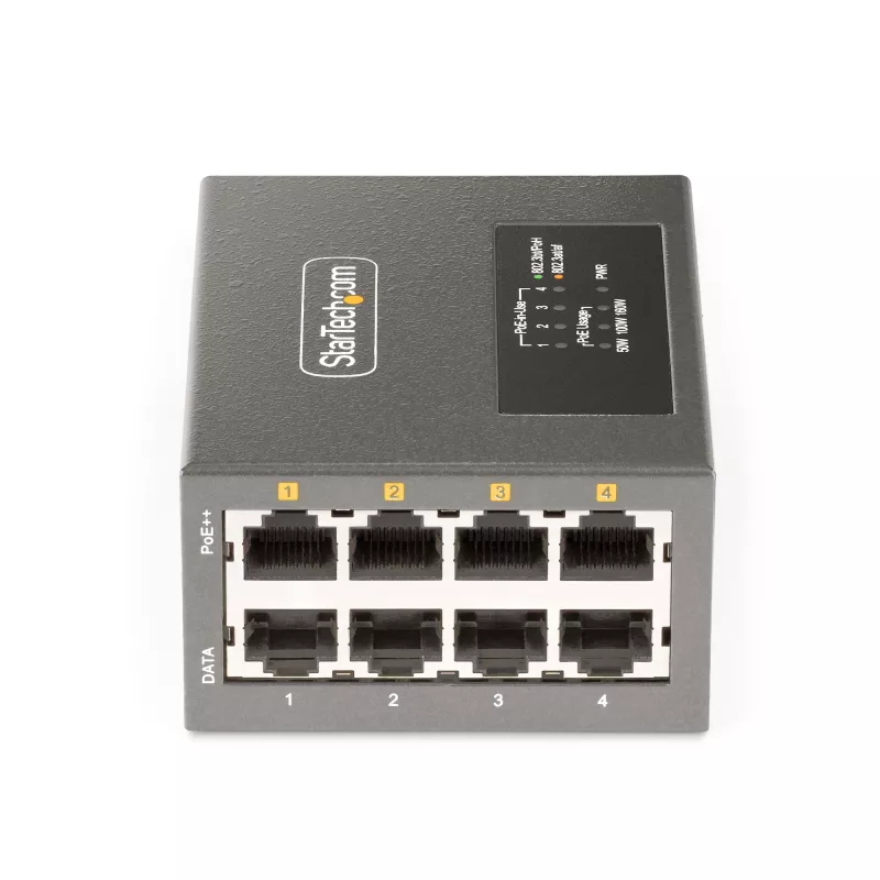 StarTech.com 4 prievadų kelių gigabitų PoE++ injektorius, 5/2,5/1G Ethernet (NBASE-T), PoE/PoE+/PoE++ (802.3af/802.3at/802.3bt), 160W galios biudžetas, montavimas ant sienos/DIN bėgio, nevaldomas