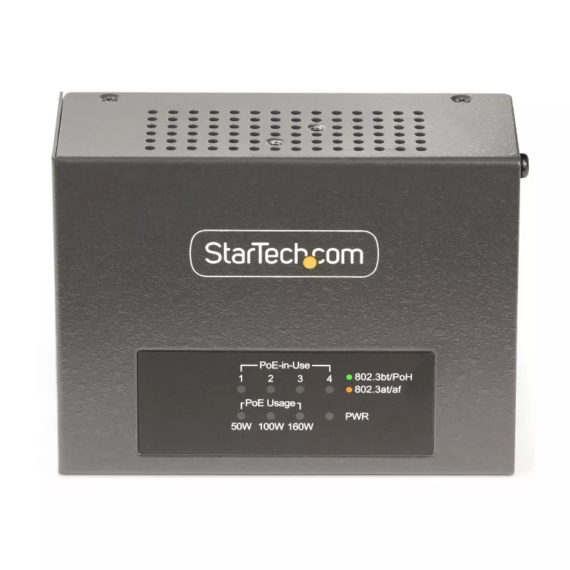 StarTech.com 4 prievadų kelių gigabitų PoE++ injektorius, 5/2,5/1G Ethernet (NBASE-T), PoE/PoE+/PoE++ (802.3af/802.3at/802.3bt), 160W galios biudžetas, montavimas ant sienos/DIN bėgio, nevaldomas