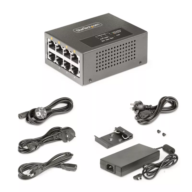 StarTech.com 4 prievadų kelių gigabitų PoE++ injektorius, 5/2,5/1G Ethernet (NBASE-T), PoE/PoE+/PoE++ (802.3af/802.3at/802.3bt), 160W galios biudžetas, montavimas ant sienos/DIN bėgio, nevaldomas