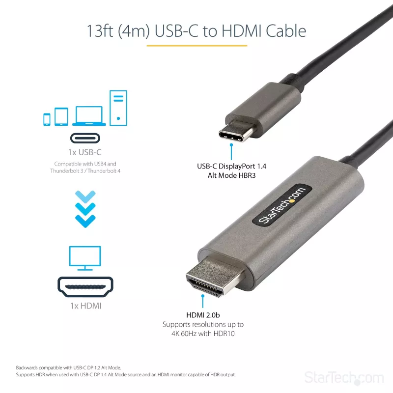 StarTech.com 4m USB-C į HDMI laidas 4K 60Hz su HDR10 - Ultra HD USB Type-C į 4K HDMI 2.0b vaizdo adapterio laidas - USB-C į HDMI HDR monitoriaus/ekrano keitiklis - DP 1.4 Alt Mode HBR3