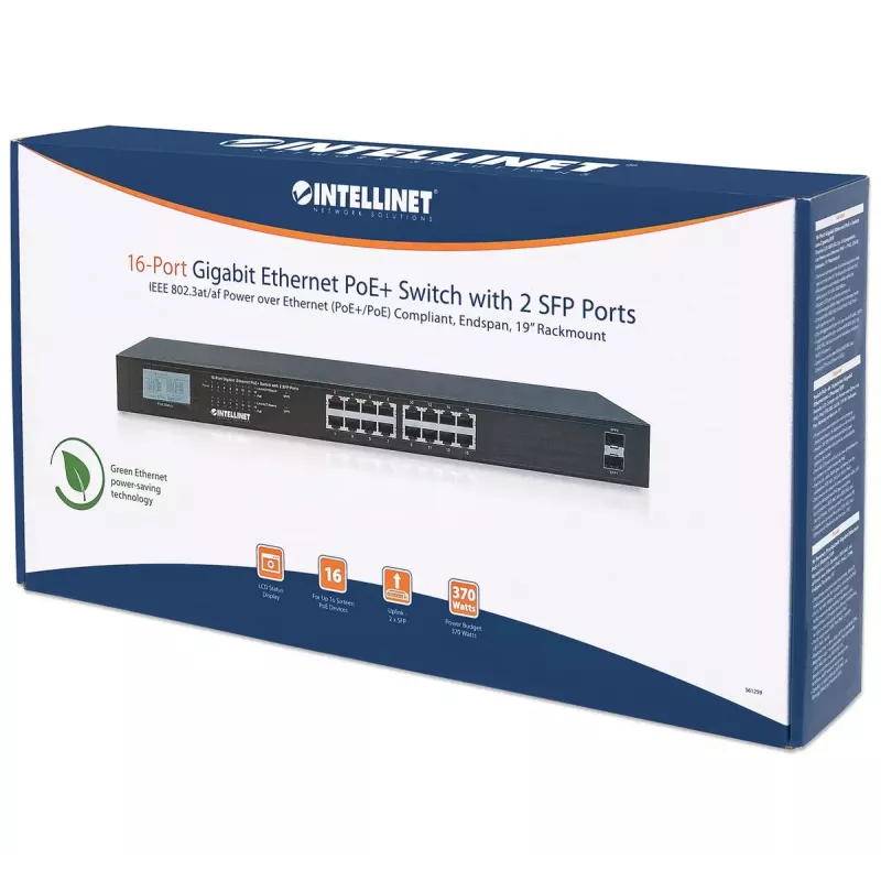 Nevaldomas jungiklis Intellinet 16 prievadų Gigabit Ethernet PoE+ 370W