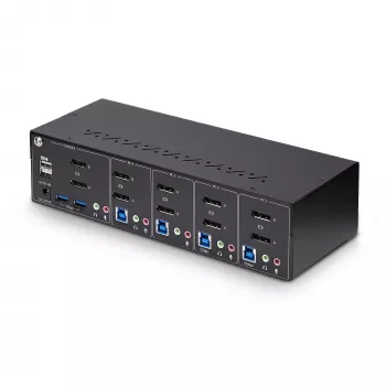 StarTech.com 4 prievadų dviejų monitorių DisplayPort KVM jungiklis, 4K 60Hz, 2x USB 5Gbps šakotuvai, 2x USB 2.0 HID prievadai, karštųjų klavišų ir mygtukų perjungimas, TAA atitiktis - 3.5mm garsas, HDCP