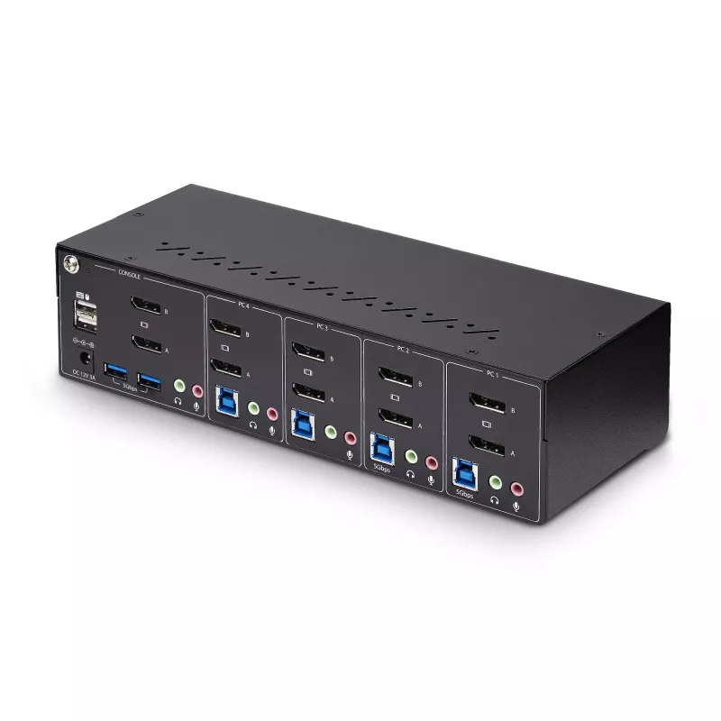 StarTech.com 4 prievadų dviejų monitorių DisplayPort KVM jungiklis, 4K 60Hz, 2x USB 5Gbps šakotuvai, 2x USB 2.0 HID prievadai, karštųjų klavišų ir mygtukų perjungimas, TAA atitiktis - 3.5mm garsas, HDCP