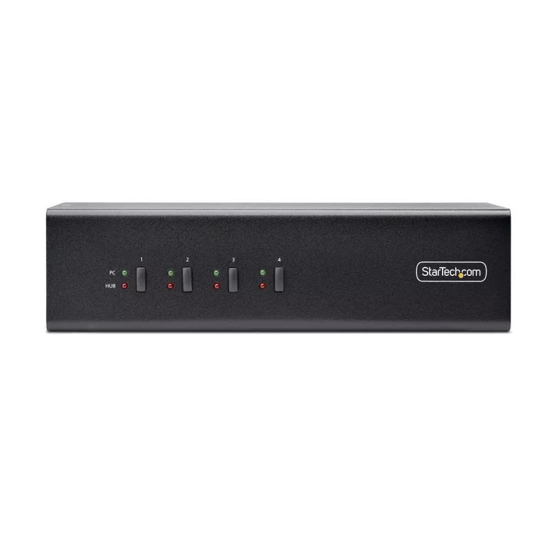 StarTech.com 4 prievadų dviejų monitorių DisplayPort KVM jungiklis, 4K 60Hz, 2x USB 5Gbps šakotuvai, 2x USB 2.0 HID prievadai, karštųjų klavišų ir mygtukų perjungimas, TAA atitiktis - 3.5mm garsas, HDCP