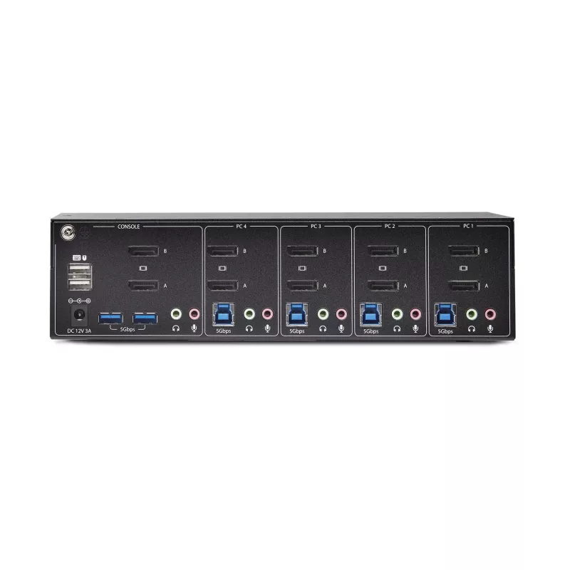 StarTech.com 4 prievadų dviejų monitorių DisplayPort KVM jungiklis, 4K 60Hz, 2x USB 5Gbps šakotuvai, 2x USB 2.0 HID prievadai, karštųjų klavišų ir mygtukų perjungimas, TAA atitiktis - 3.5mm garsas, HDCP