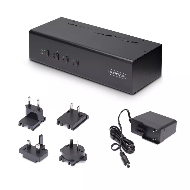 StarTech.com 4 prievadų dviejų monitorių DisplayPort KVM jungiklis, 4K 60Hz, 2x USB 5Gbps šakotuvai, 2x USB 2.0 HID prievadai, karštųjų klavišų ir mygtukų perjungimas, TAA atitiktis - 3.5mm garsas, HDCP
