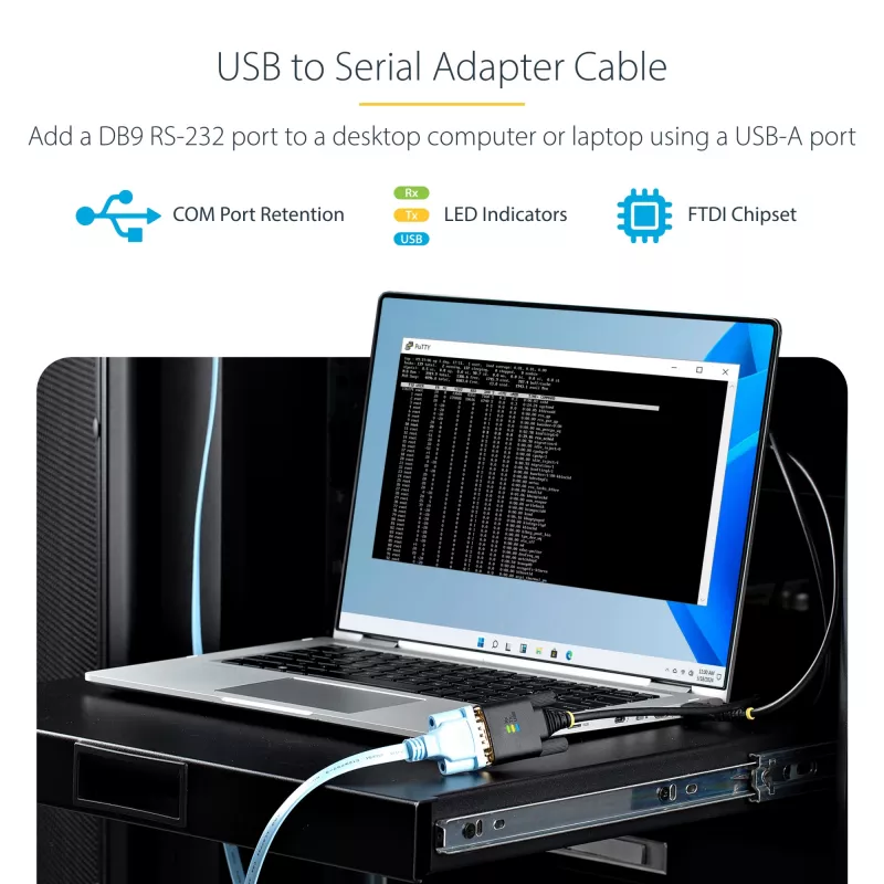 StarTech.com 3ft (1m) USB į RS232 adapteris su COM išlaikymu, keičiamais varžtais/veržlėmis, USB-A į DB9 RS232, FTDI IC, ESD apsauga, Windows/macOS/Linux