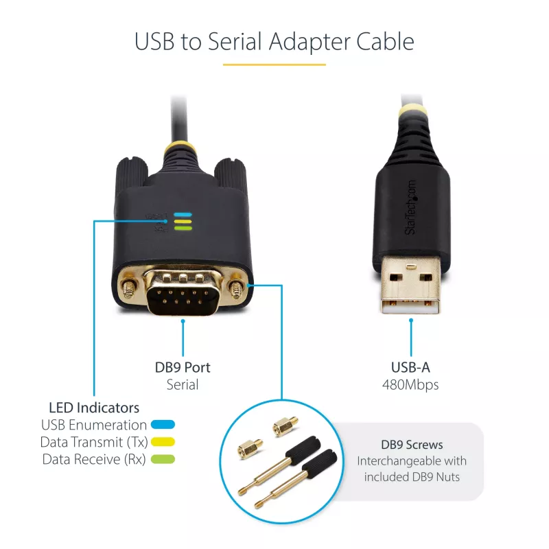StarTech.com 3ft (1m) USB į RS232 adapteris su COM išlaikymu, keičiamais varžtais/veržlėmis, USB-A į DB9 RS232, FTDI IC, ESD apsauga, Windows/macOS/Linux