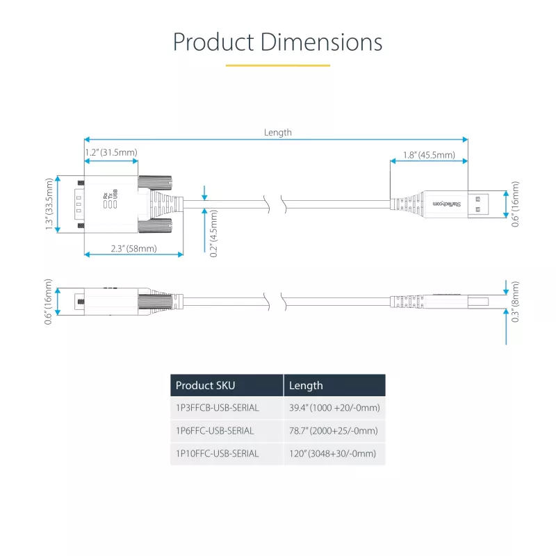 StarTech.com 3ft (1m) USB į RS232 adapteris su COM išlaikymu, keičiamais varžtais/veržlėmis, USB-A į DB9 RS232, FTDI IC, ESD apsauga, Windows/macOS/Linux