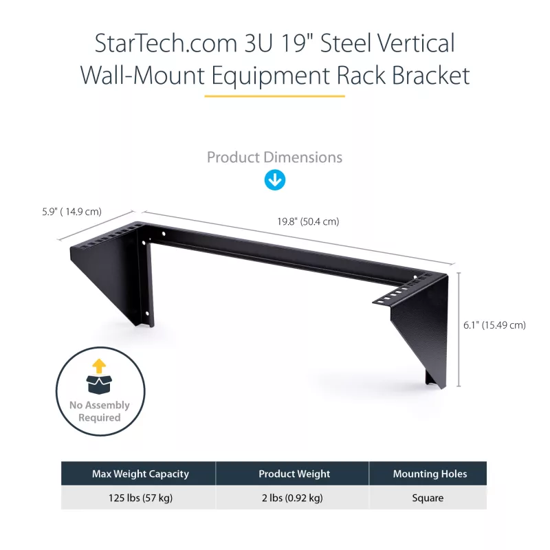 StarTech.com 3U 19 colių vertikalus sieninis stovo laikiklis, sieninis skydo stovas duomenų/AV/IT/kompiuterinei įrangai, 3U stovas spintai ar serverinei, atlaiko 150 svarų (68 kg) apkrovą