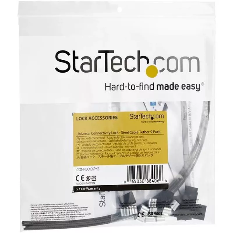 „StarTech.com CONNLOCKPK5“ – 5 vnt. apsauginių kabelių trosų adapteriams ir raktams, universalus kabelių trosų rinkinys, reguliuojamo ilgio plieninis apsauginis trosas